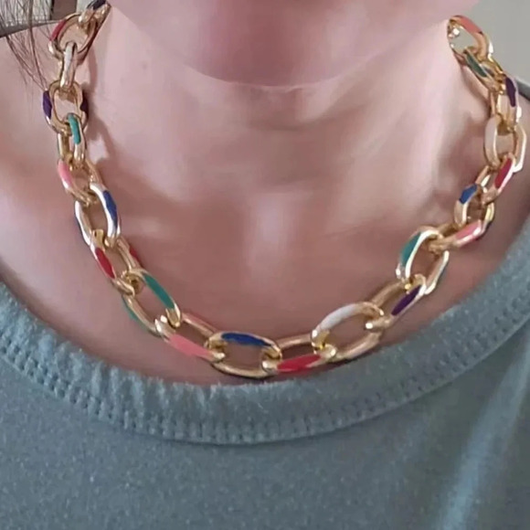 Modern Color Block Chain Jewelry Set – Gold Link Necklace and Bracelet - Picture 12 of 16